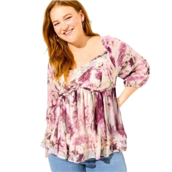 NWT TORRID Plus Size Women's Babydoll Crinkle Chiffon Blouson sleeve Floral Top. - Picture 1 of 15